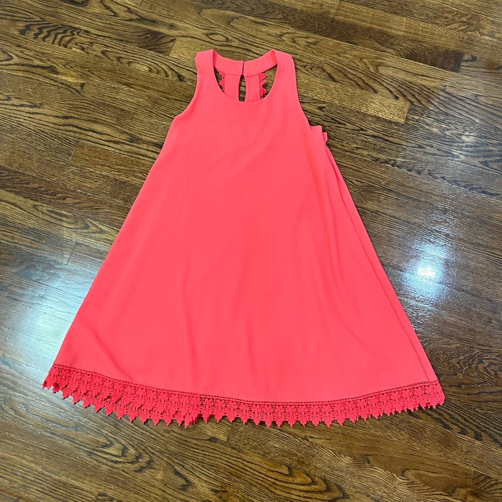 High neck shift dress with lace trim